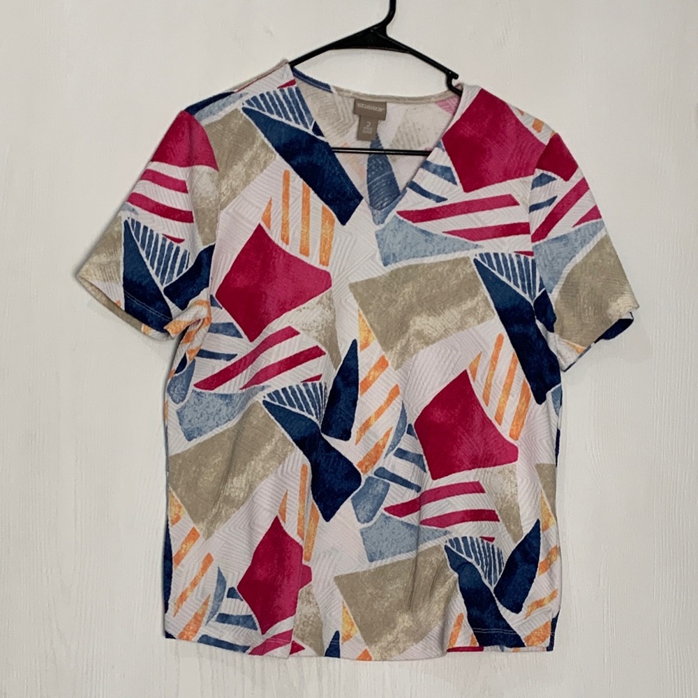 Artsy Chico's Abstract Multicolor Short Sleeve Blouse L Geometric Colorful